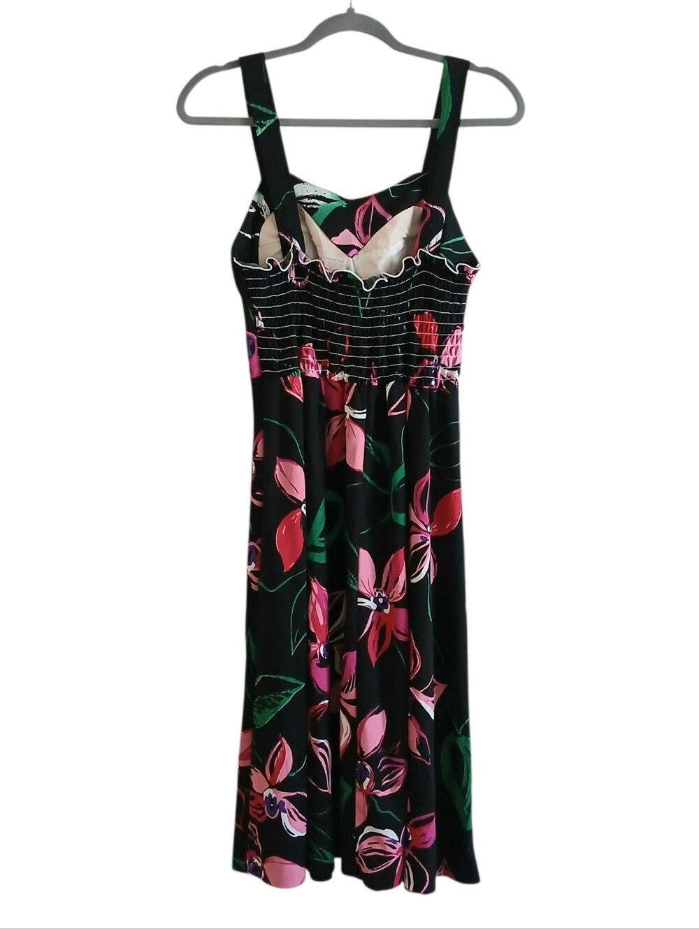 VINTAGE 60's Union Made Pinup Sundress Women's 12 Black Floral Smocked Back - Picture 2 of 8